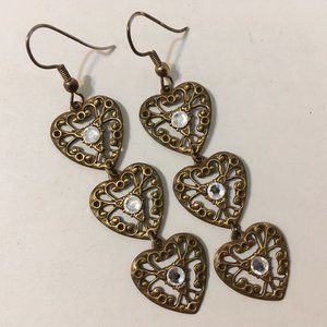 Heart Drop Earrings 3 Tier Rhinestone Antique Gold Tone Metal Pierced Dangle